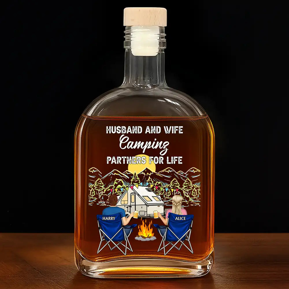 Camping, Campsite, Gift For Couples, Happy, Gift For Husband, Gift For Girlfriend, Gift For Boyfriend, Gift For Wife - Camping Partners For Life - Personalized Whiskey Bottle