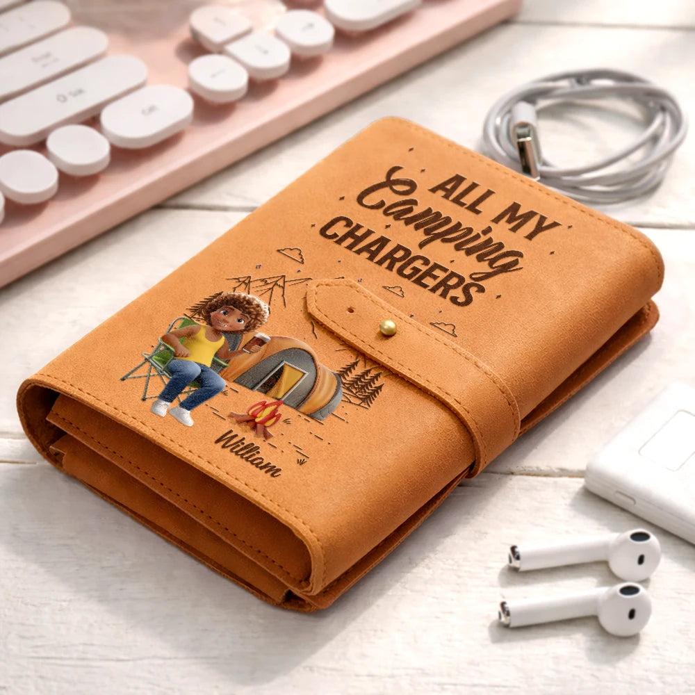 Camping, Gift For Women, Gift For Men, Happy - Camping Woman Man All My Charging Shit - Personalized Leather Cable Bag