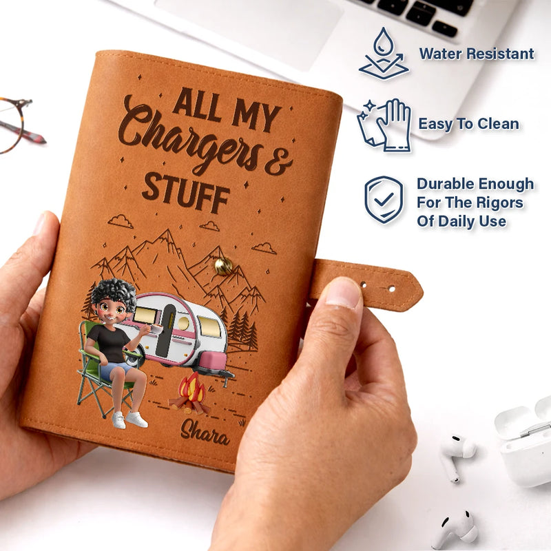 Camping, Gift For Women, Gift For Men, Happy - Camping Woman Man All My Charging Shit - Personalized Leather Cable Bag