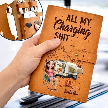 Camping Woman Man All My Charging Shit - Personalized Leather Cable Bag