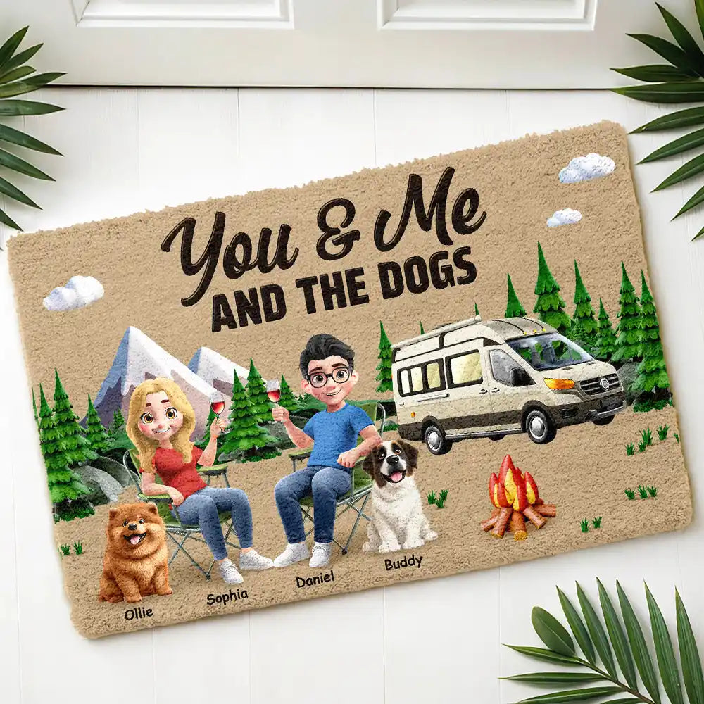 Camping,Campsite,Gift For Couples,Dog Couple,Pet Couple,Couple's Hobby,Happy - Camping You & Me And The Dogs - Personalized Coconut Doormat