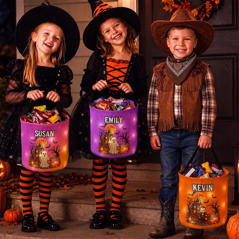 Top Market,Adorable,Halloween,Gift For Kids,Icon - Candy Bag For Kids Halloween Character Custom Name - Personalized Glowing Halloween Basket