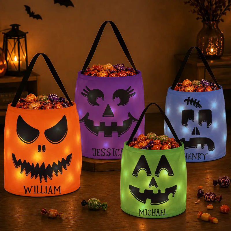 Top Market,Playful,Halloween,Gift For Kids,Icon - Candy Bag For Kids Scary Pumpkin Face Custom Name - Personalized Glowing Halloween Basket