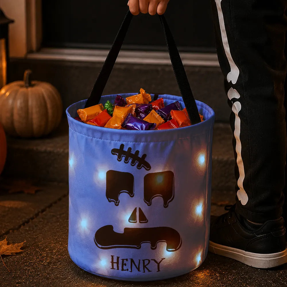 Top Market,Playful,Halloween,Gift For Kids,Icon - Candy Bag For Kids Scary Pumpkin Face Custom Name - Personalized Glowing Halloween Basket