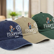 Gift For Boyfriend,Gift For Husband,Gift For Yourself,Happy,Gift For Men,Gift For Wife,Gift For Girlfriend,Gift For Women - Captain Boating - Personalized Vintage Washed Denim Cap