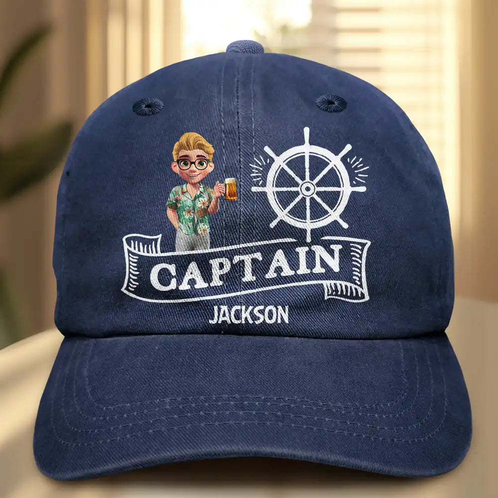 Gift For Boyfriend,Gift For Husband,Gift For Yourself,Happy,Gift For Men,Gift For Wife,Gift For Girlfriend,Gift For Women - Captain Boating - Personalized Vintage Washed Denim Cap