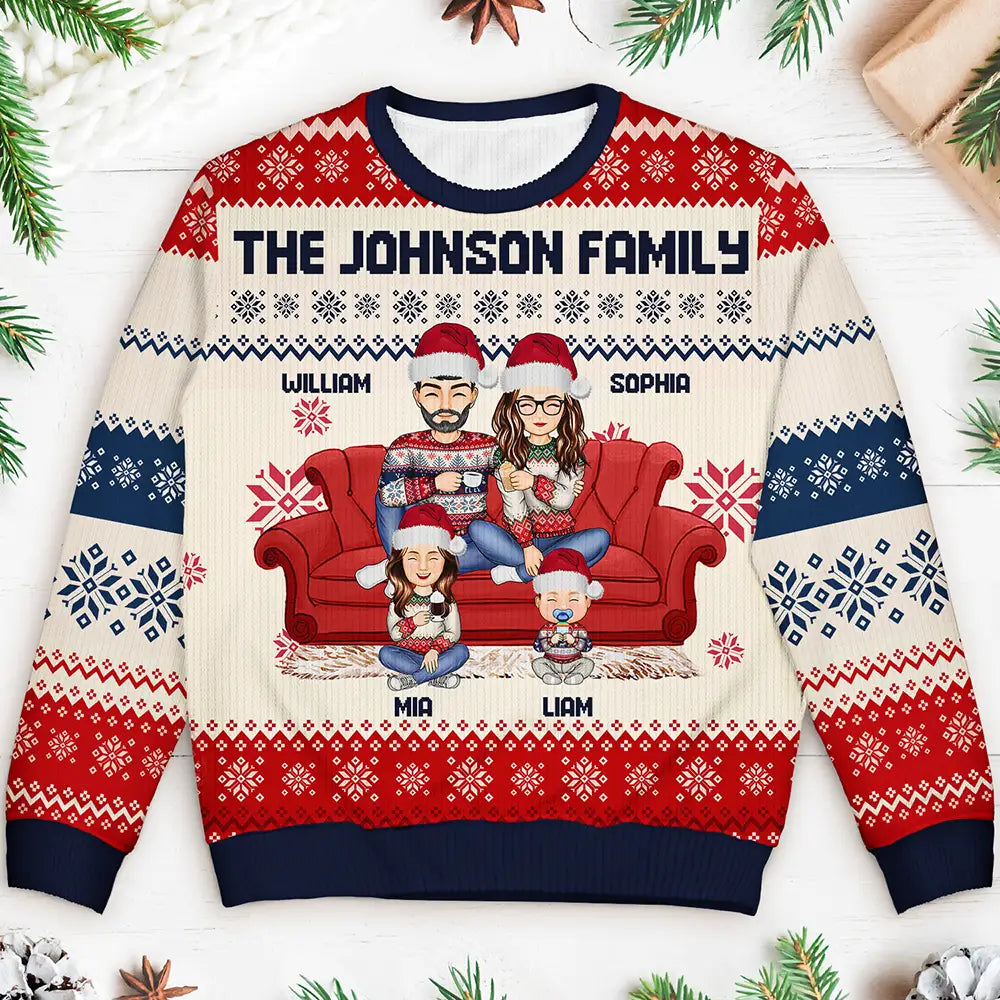 Cartoon Couple With Kids And Pets - Personalized Unisex Ugly Sweater