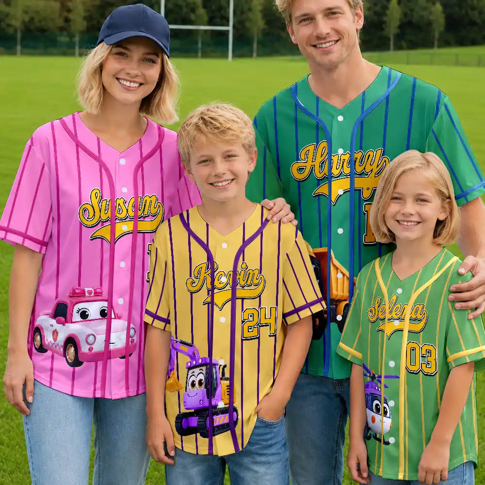 Cartoon Dinosaur Vehicles For Kids - Personalized Baseball Jersey Shirt