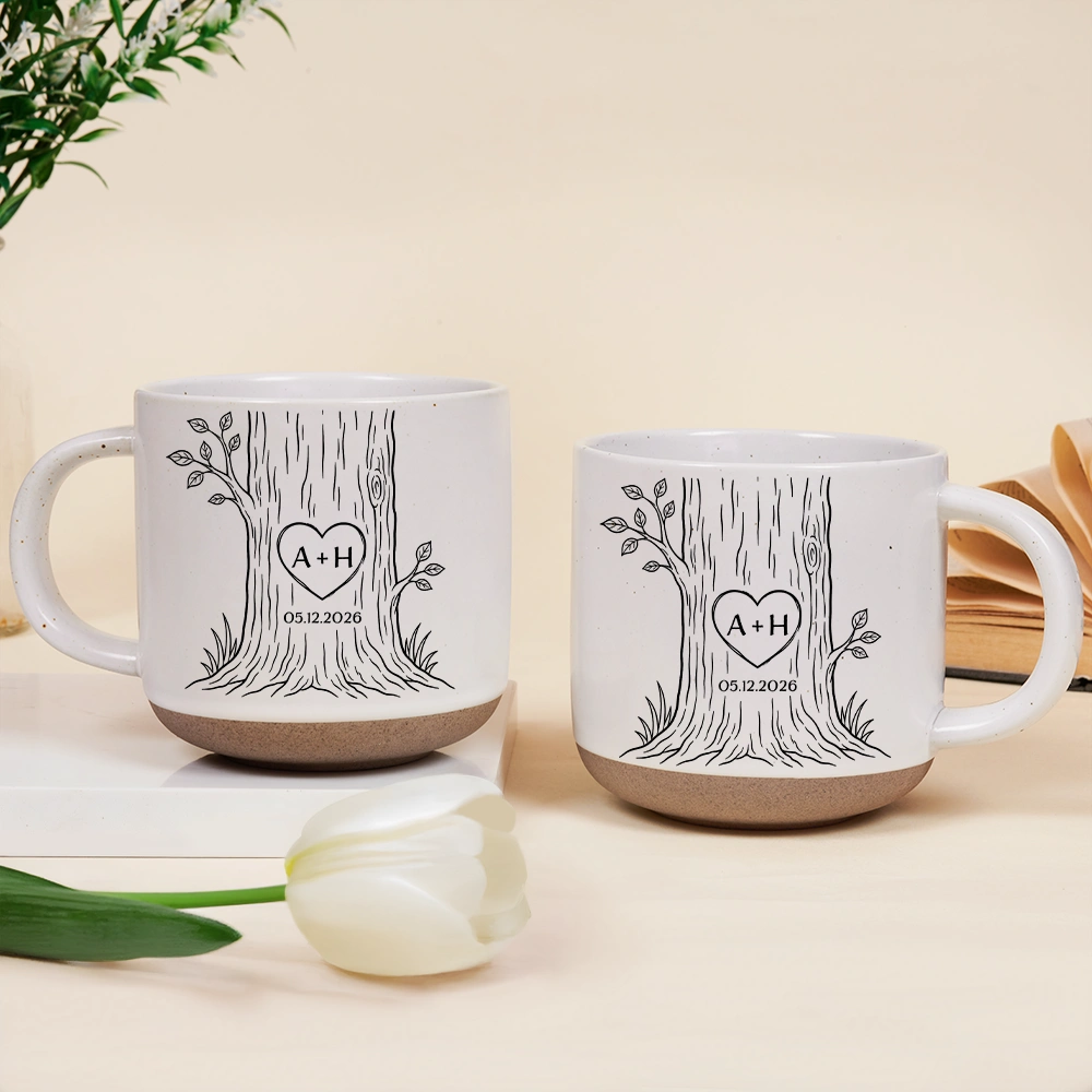 Top Market,Romantic,Gift For Couples,Icon - Carved Initials In A Heart Tree Couple - Personalized Pottery Mug