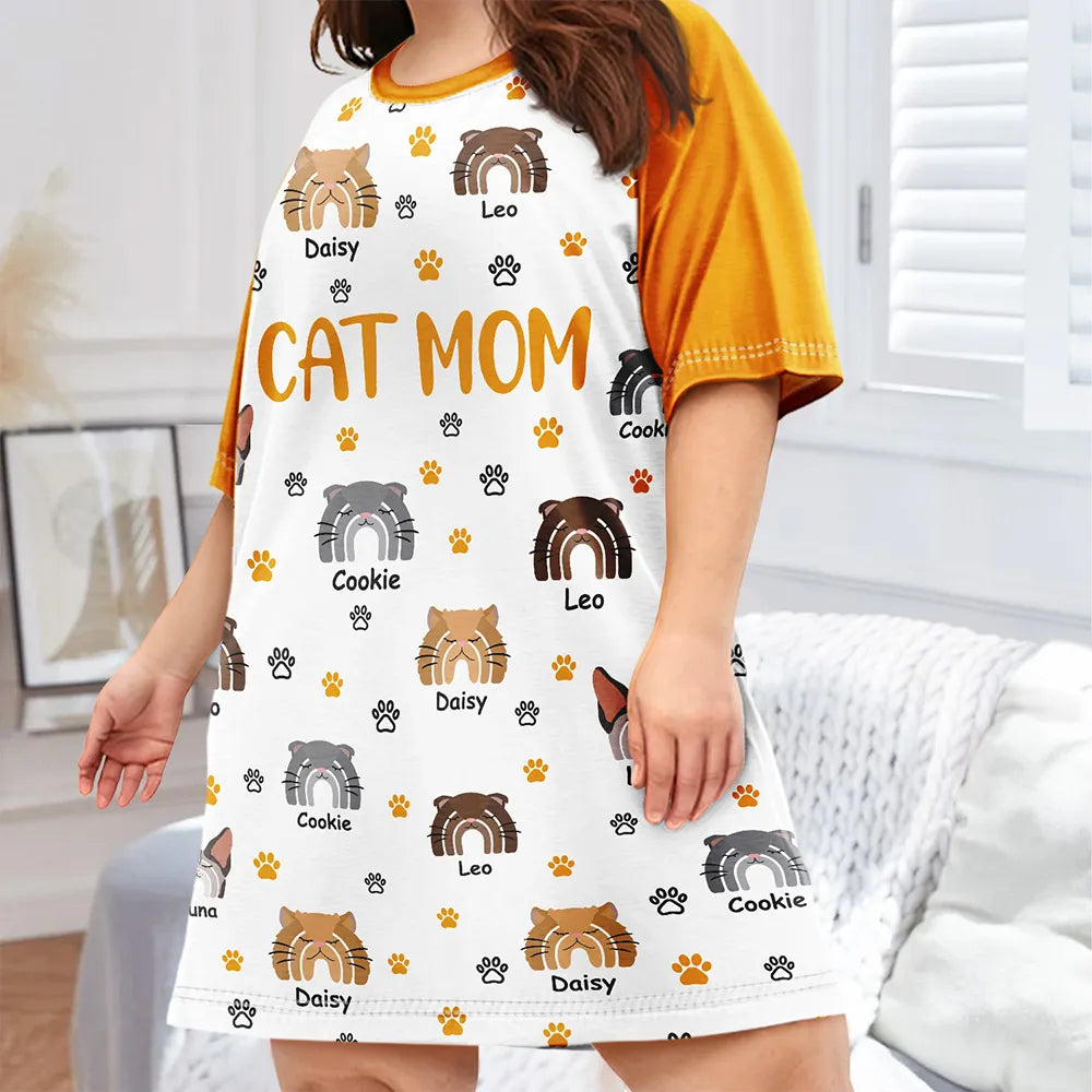 Cat Lovers,Happy - Cat Mom Boho Rainbow Style Cat Face - Personalized Women's Sleep Tee