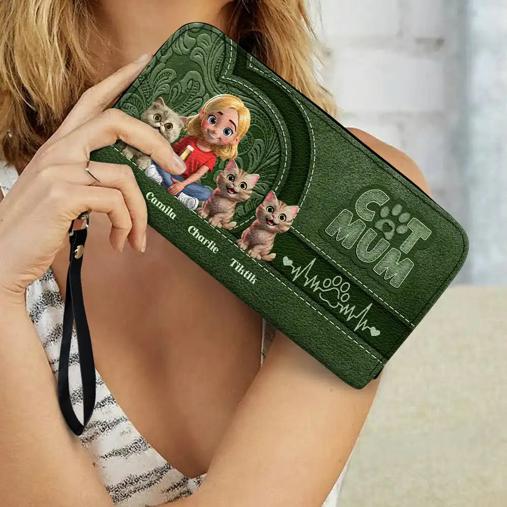 Cat Mom, Cat Lovers, Happy - Cat Mom Mum 3D Effect - Personalized Leather Long Wallet