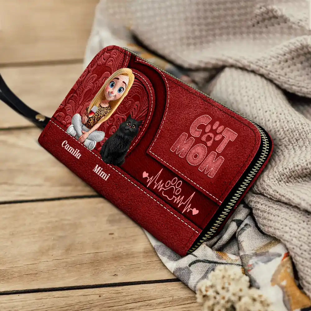 Cat Mom, Cat Lovers, Happy - Cat Mom Mum 3D Effect - Personalized Leather Long Wallet