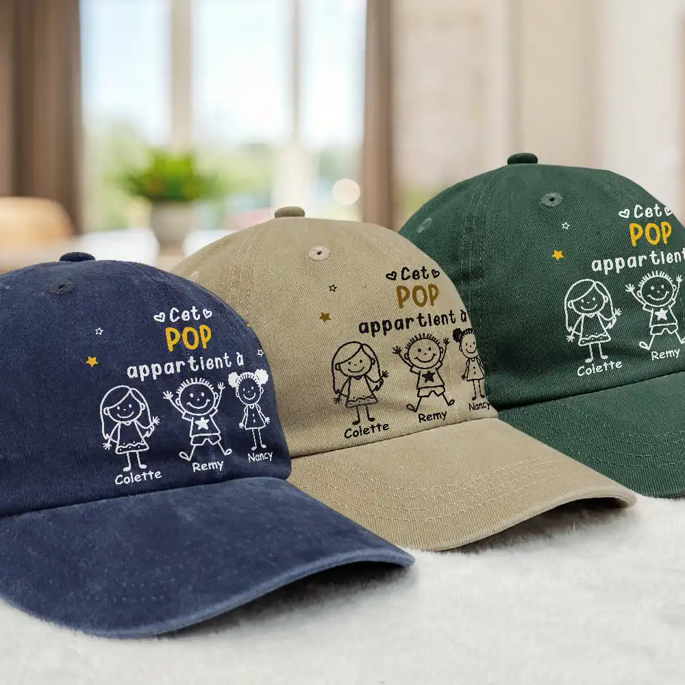 Gift For Yourself,Gift For Men,Gift For Grandpa,Gift For Father,Dog Dad,Cat Dad,Pet Dad,Gift For Mother,Gift For Grandma,Happy,Stick Figure,French - Ce Grand-Père Papa Appartient À - Casquette En Denim Vintage Délavé Personnalisée