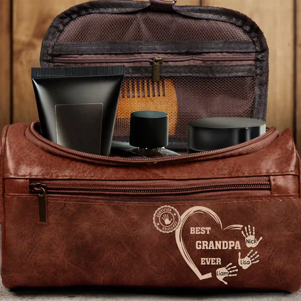 Certified Best Grandpa Dad Ever - Personalized Leather Toiletry Bag