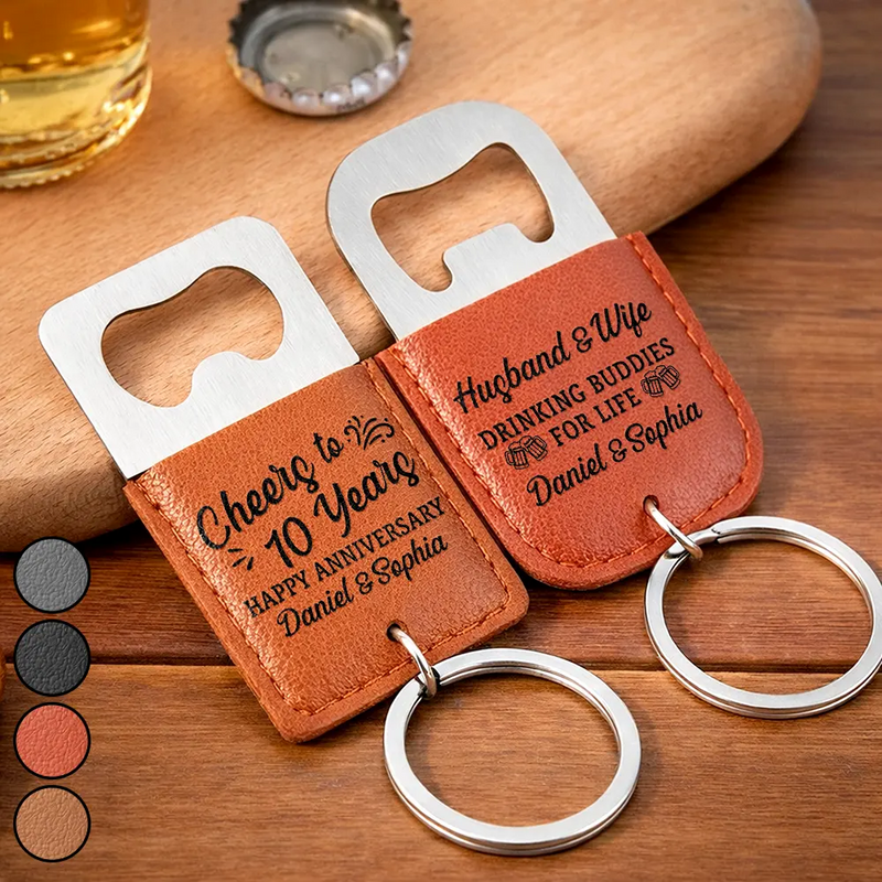 Gift For Couples, Gift For Husband, Gift For Boyfriend, Love, Gift For Men - Cheers To Our Anniversary - Personalized Leather Bottle Opener Keychain