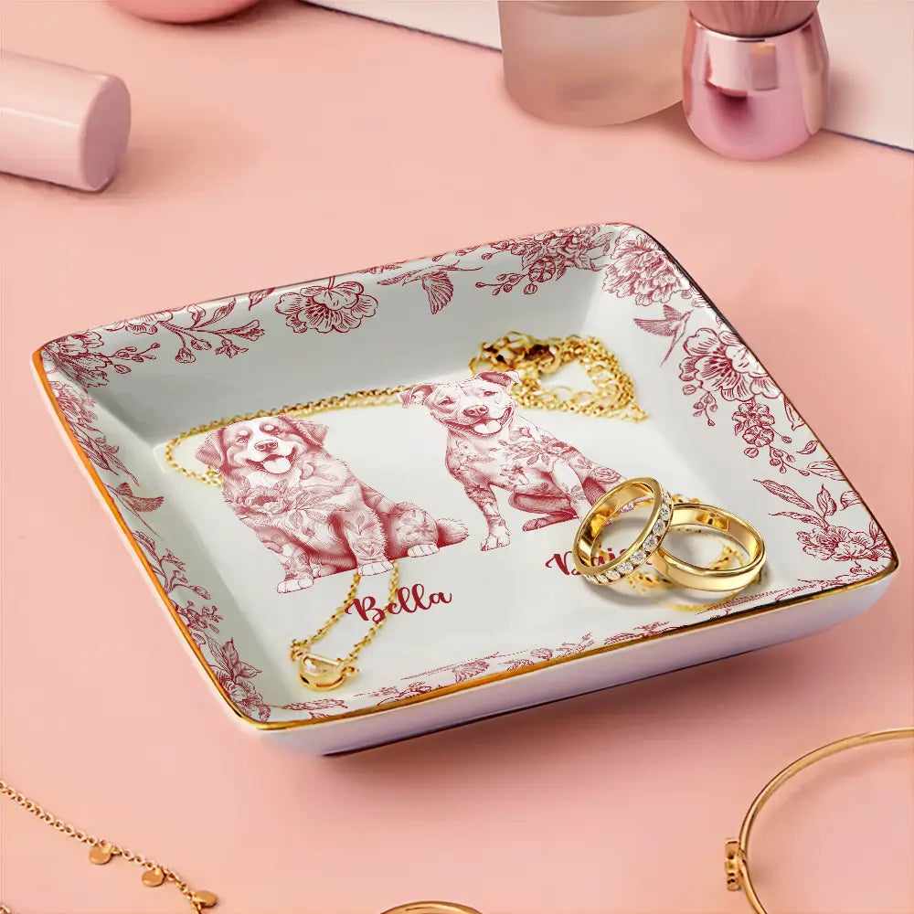 Dog Lovers, Pet Lovers, Happy - Chinoiserie Toile Dog - Personalized Ring Dish