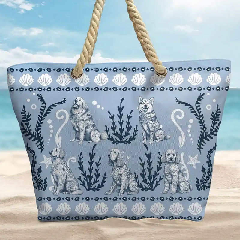 Gift For Yourself, Gift For Women, Dog Lovers, Dog Mom, Pet Lovers, Pet Mom, Summer, Beach, Happy - Chinoiserie Toile Dog Marine Pattern - Personalized Beach Bag