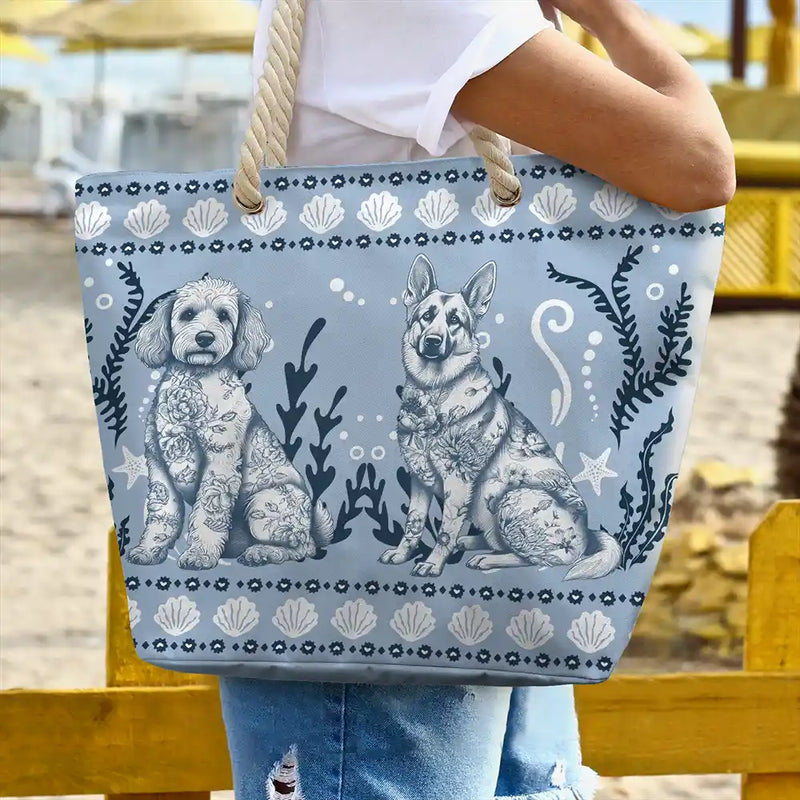 Gift For Yourself, Gift For Women, Dog Lovers, Dog Mom, Pet Lovers, Pet Mom, Summer, Beach, Happy - Chinoiserie Toile Dog Marine Pattern - Personalized Beach Bag