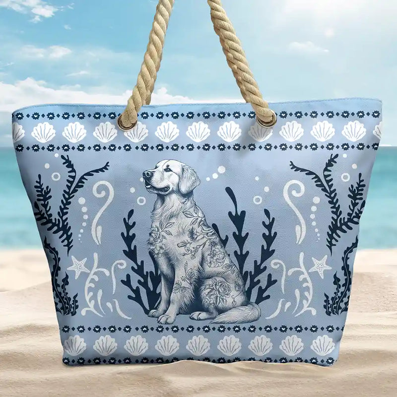 Gift For Yourself, Gift For Women, Dog Lovers, Dog Mom, Pet Lovers, Pet Mom, Summer, Beach, Happy - Chinoiserie Toile Dog Marine Pattern - Personalized Beach Bag