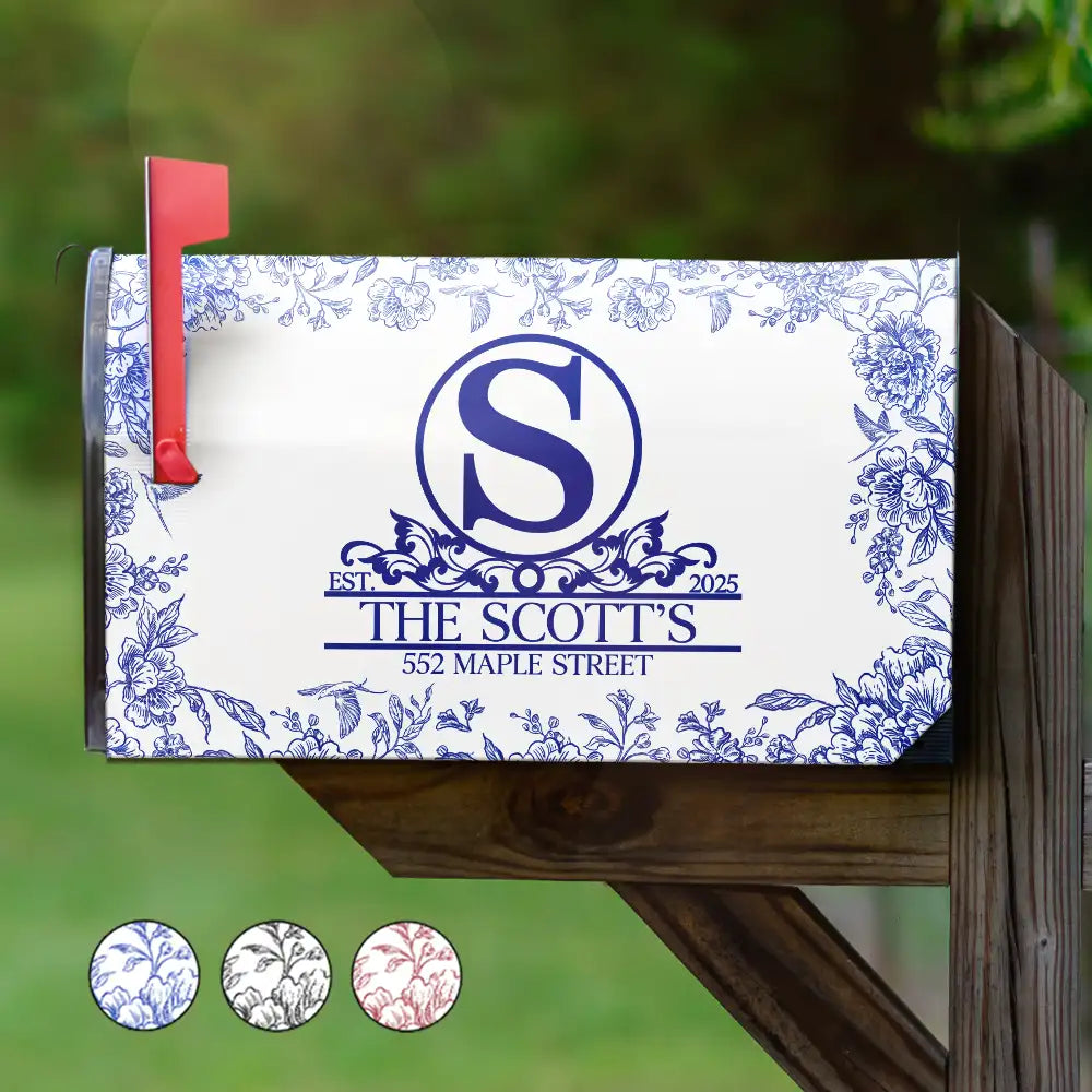 Family, Christmas - Chinoiserie Toile Monogram And Family Name - Personalized Mailbox Cover