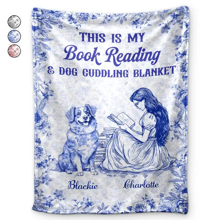 Chinoiserie Toile My Book Reading And Dog Cuddling - Personalized Fleece Blanket, Sherpa Blanket