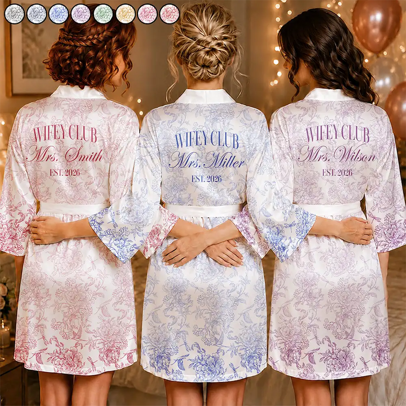 Gift For Wife, Gift For Couples, Wedding, Proud, Custom Text - Chinoiserie Toile Wifey - Personalized Satin Robe