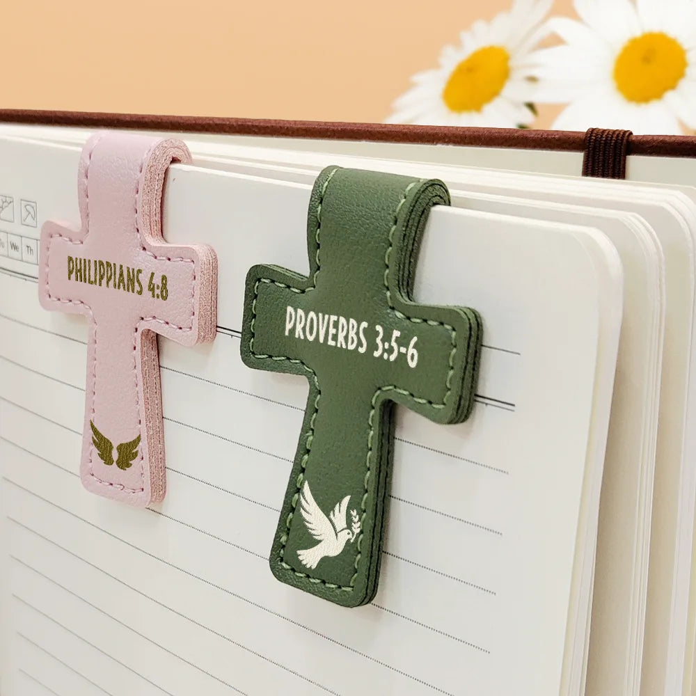 Christian, Reading, Gift For Yourself - Christian Symbol With Name Bible Verse Reference - Personalized Cross Leather Magnetic Bookmark