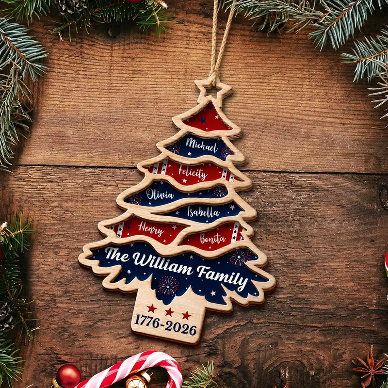 Independence Day,America 250th,Christmas,Proud,Family,Custom Text - Christmas Family United Like Branches Rooted In Pride - Personalized 2-Layered Wooden Ornament