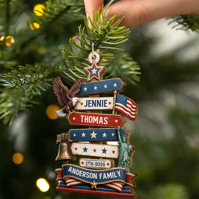 Independence Day,America 250th,Christmas,Proud,Family,Custom Text - Christmas Standing Tall In Freedom And Love - Personalized Custom Shaped Wooden Ornament