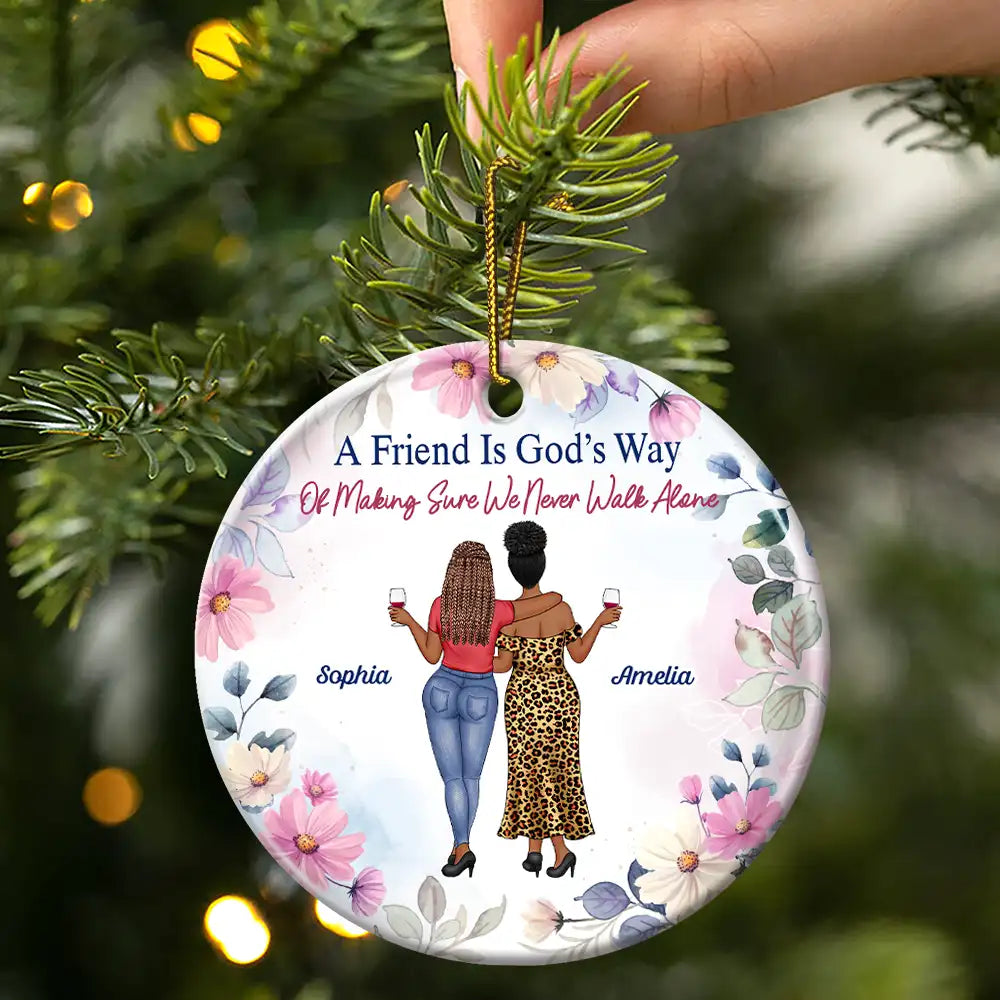 Afro Besties,Christmas,Gift For Bestie,Humorous,Vector - Christmas Besties Entertained By Us As Us - Personalized Floral Circle Ceramic Ornament