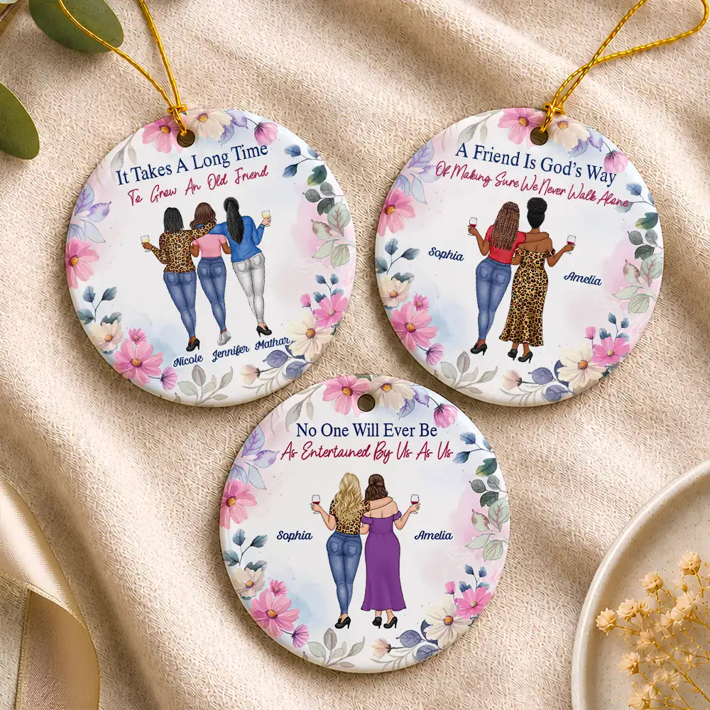 Afro Besties,Christmas,Gift For Bestie,Humorous,Vector - Christmas Besties Entertained By Us As Us - Personalized Floral Circle Ceramic Ornament