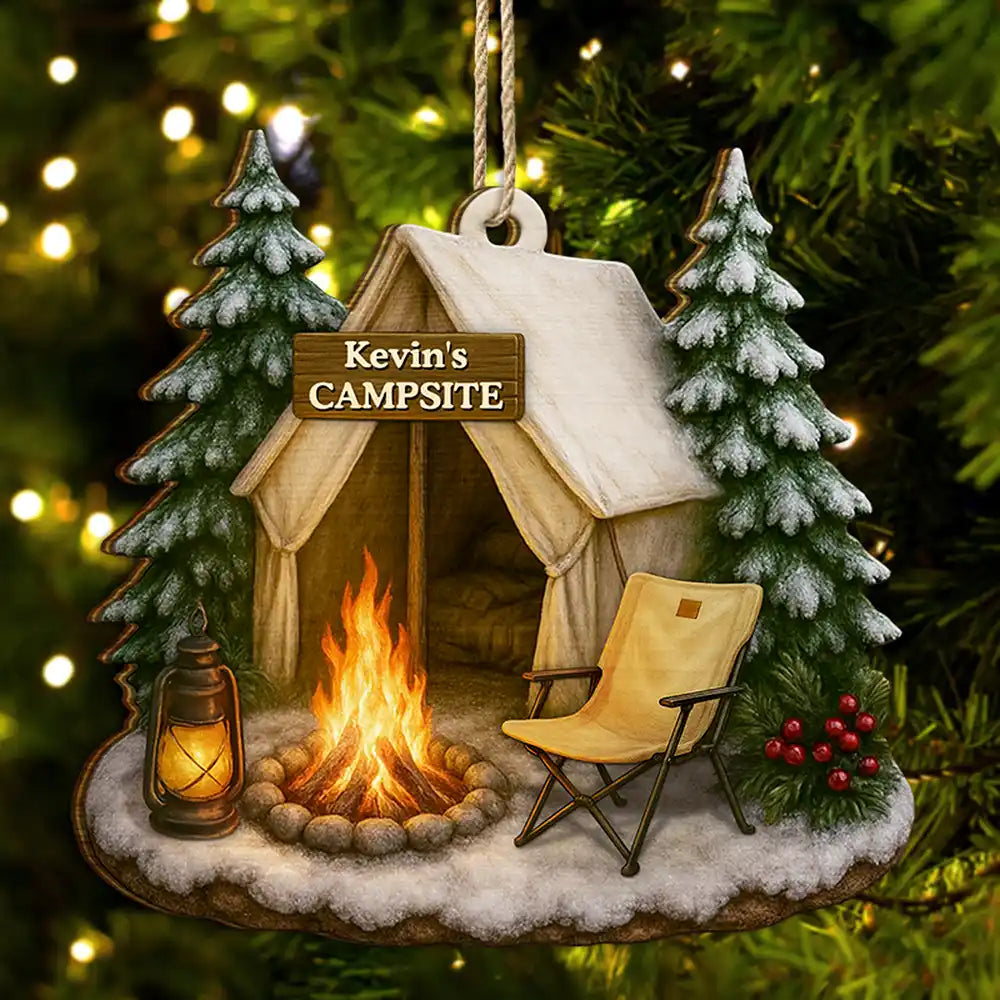 Camping,Campsite,Happy,Christmas,Gift For Couples,Family - Christmas Campsite Scene - Personalized Custom Shaped Wooden Ornament