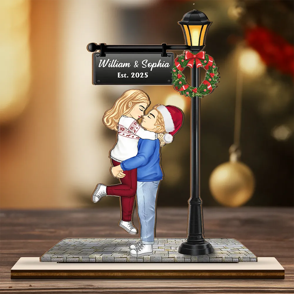 Christmas Couple Kissing Under Lamp - Personalized Custom Shaped 2-Layered Wooden Plaque