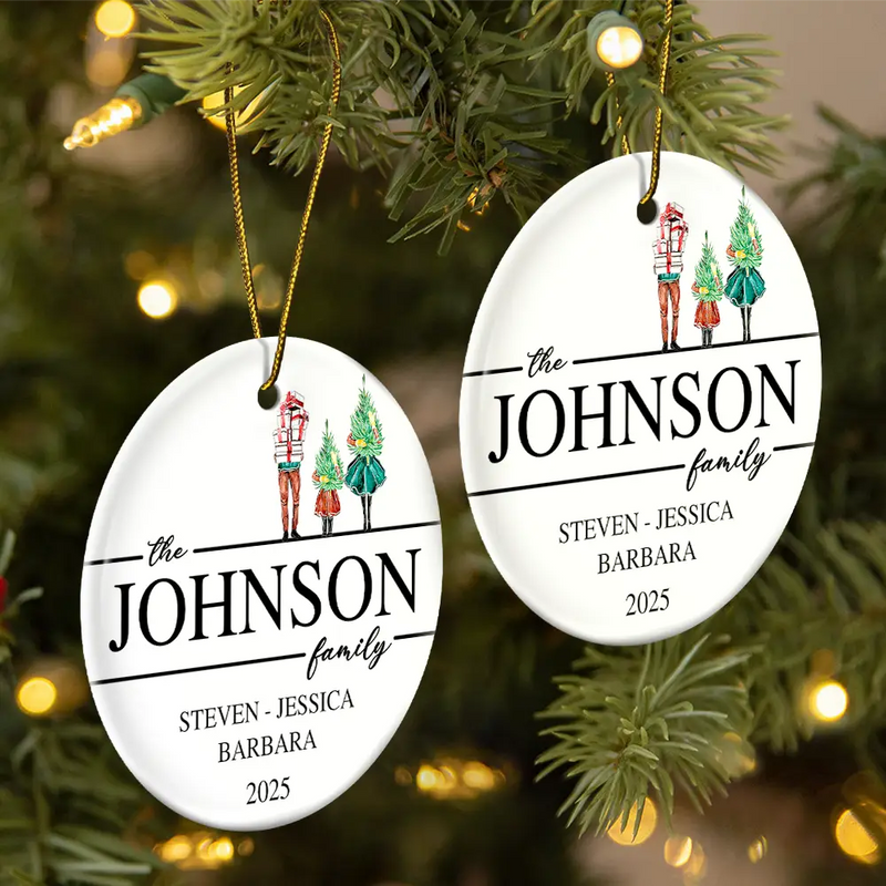 Family, Happy, Christmas - Christmas Family Members Holiday Shopping Watercolor - Personalized Circle Ceramic Ornament