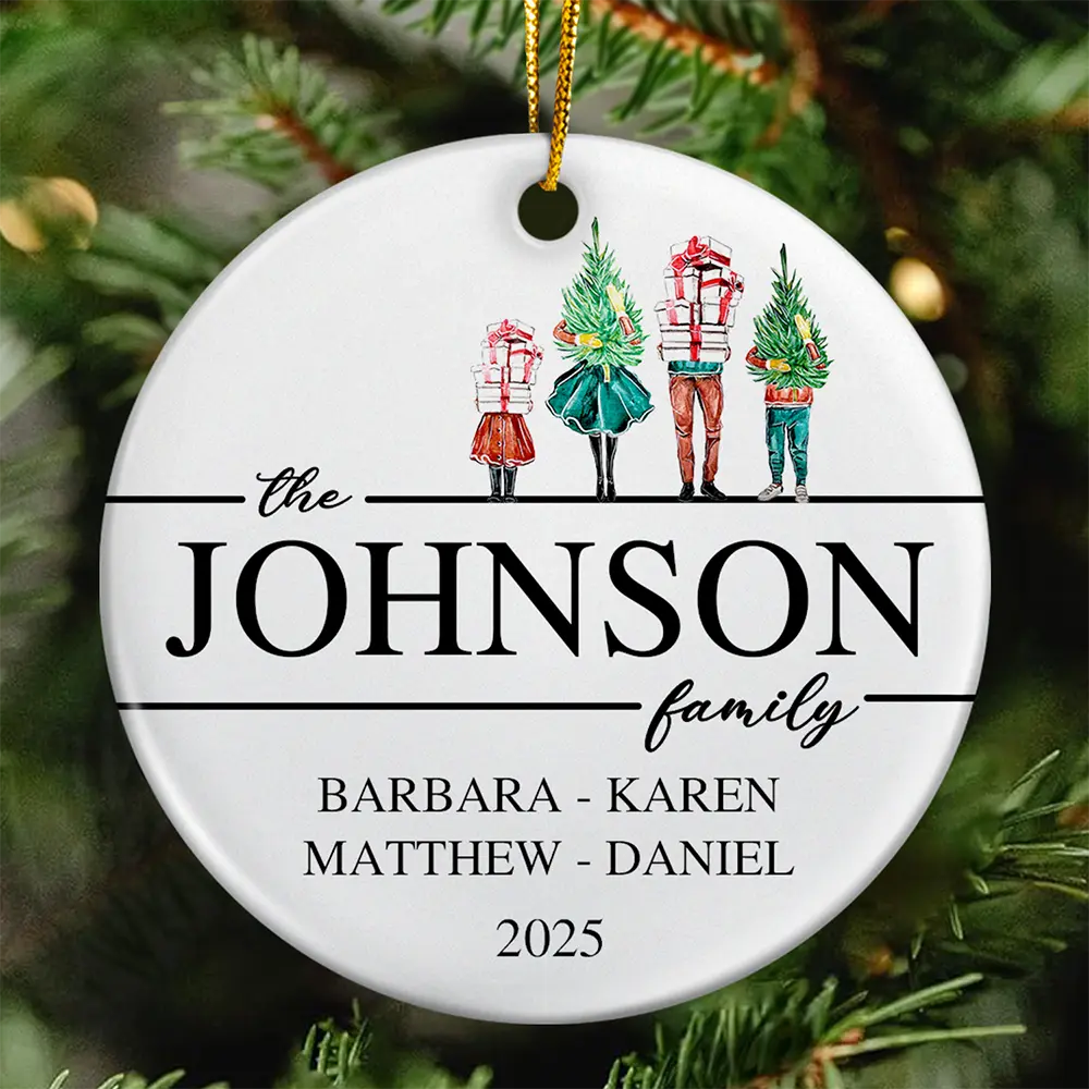 Christmas Family Members Holiday Shopping Watercolor - Personalized Circle Ceramic Ornament