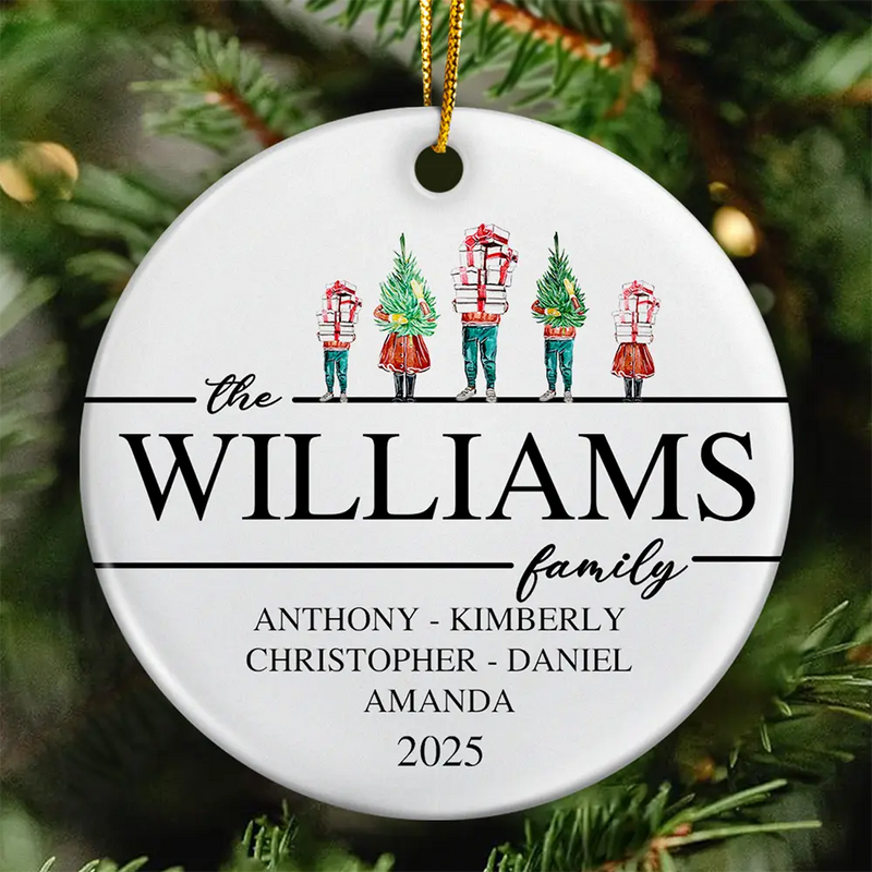 Family, Happy, Christmas - Christmas Family Members Holiday Shopping Watercolor - Personalized Circle Ceramic Ornament