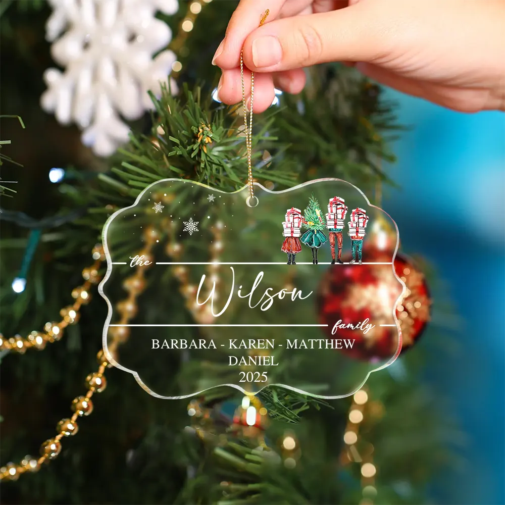 Family, Happy, Christmas - Christmas Family Members Holiday Shopping Watercolor - Personalized Medallion Acrylic Ornament