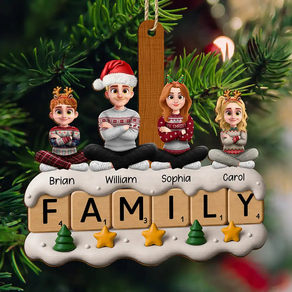 Christmas,Family,Vector,Happy - Christmas Family Sitting Scrabble - Personalized Custom Shaped Wooden Ornament