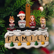Christmas,Family,Vector,Happy - Christmas Family Sitting Scrabble - Personalized Custom Shaped Wooden Ornament