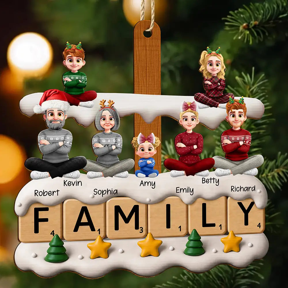 Christmas,Family,Vector,Happy - Christmas Family Sitting Scrabble - Personalized Custom Shaped Wooden Ornament