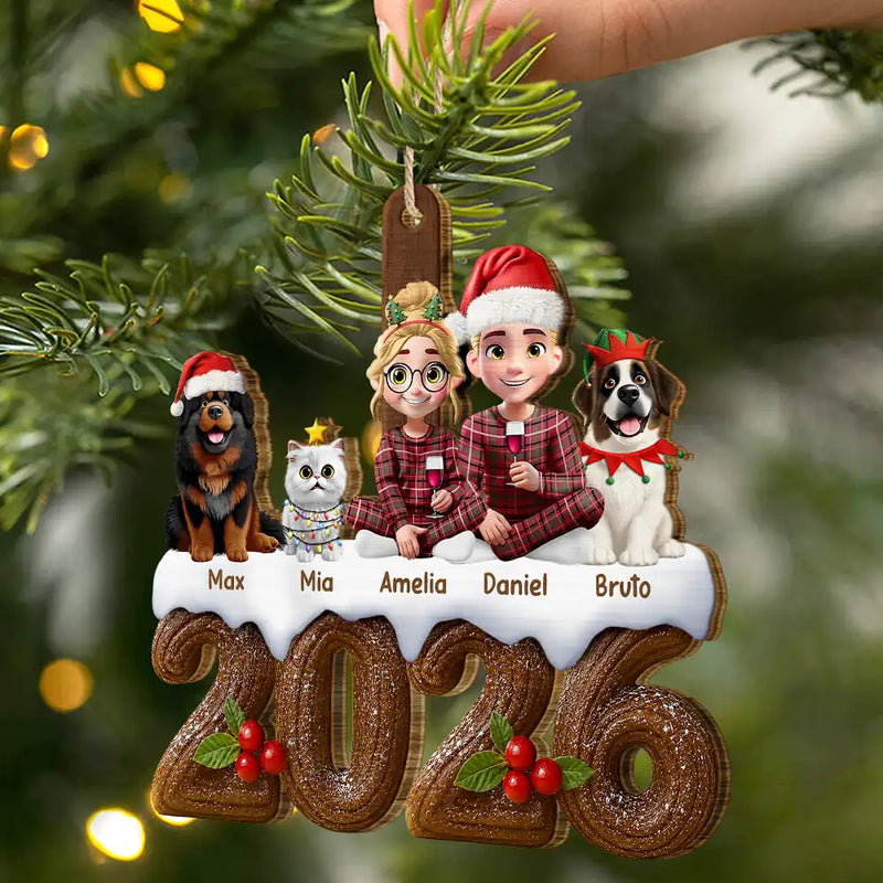 Christmas,Cozy,Family,Vector - Christmas Family Yule Log Buche De Noel - Personalized Custom Shaped Wooden Ornament