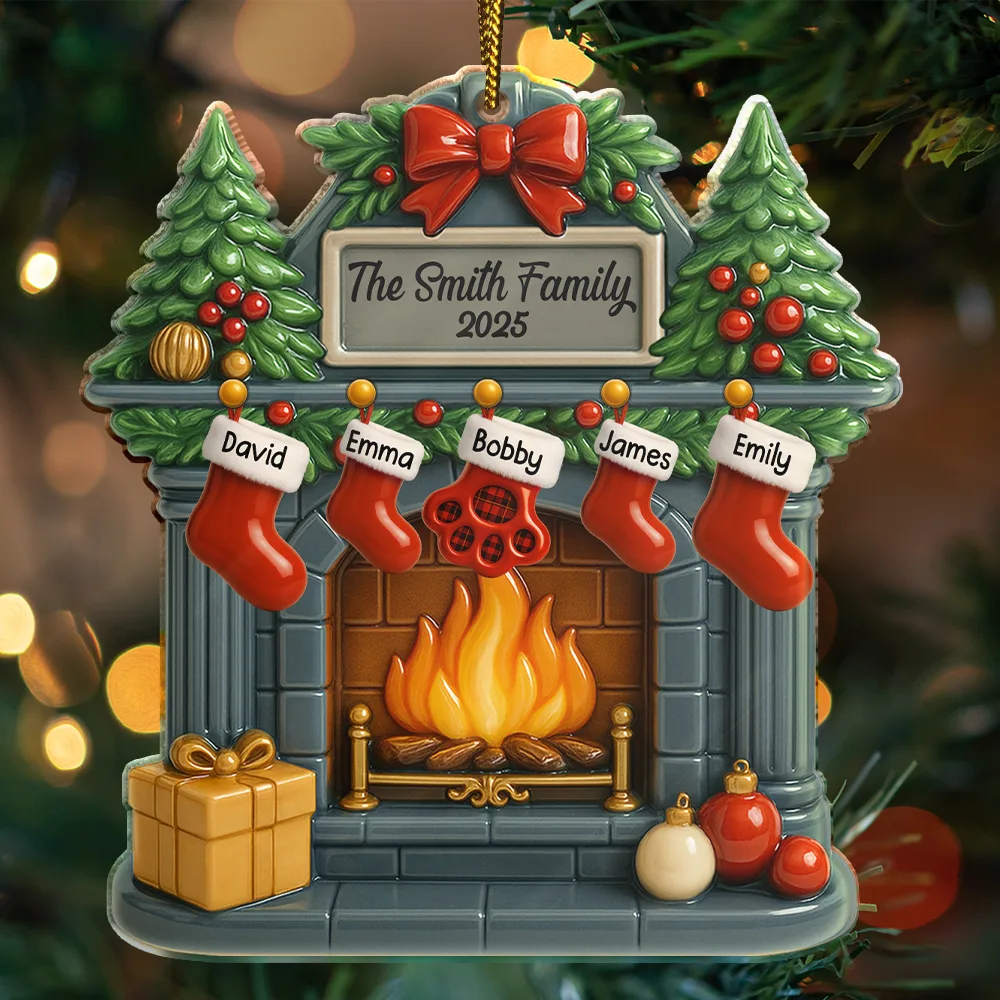 Family,Gift For Women,Gift For Men,Pet Lovers,Happy,Christmas - Christmas Fireplace Family Stockings Ceramic Effect - Personalized Custom Shaped Acrylic Ornament