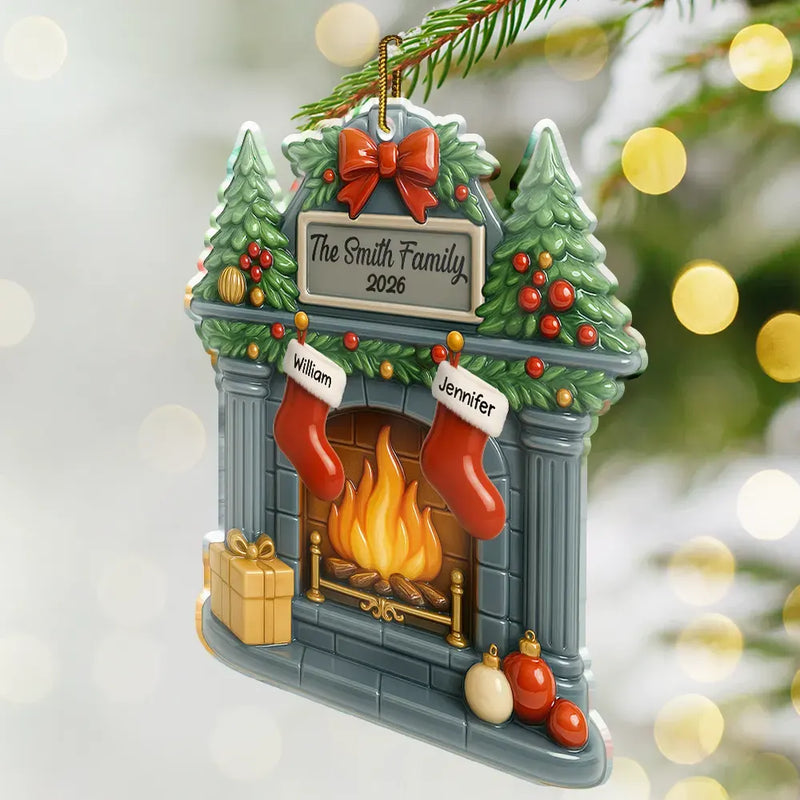 Christmas Fireplace Family Stockings Ceramic Effect - Personalized Custom Shaped Acrylic Ornament