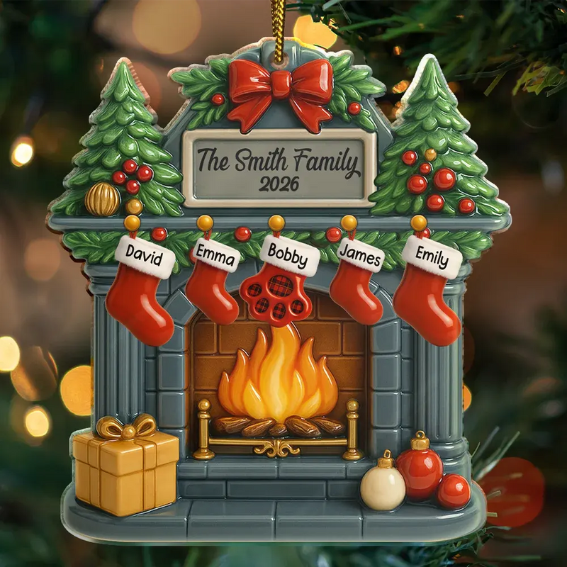 Christmas Fireplace Family Stockings Ceramic Effect - Personalized Custom Shaped Acrylic Ornament