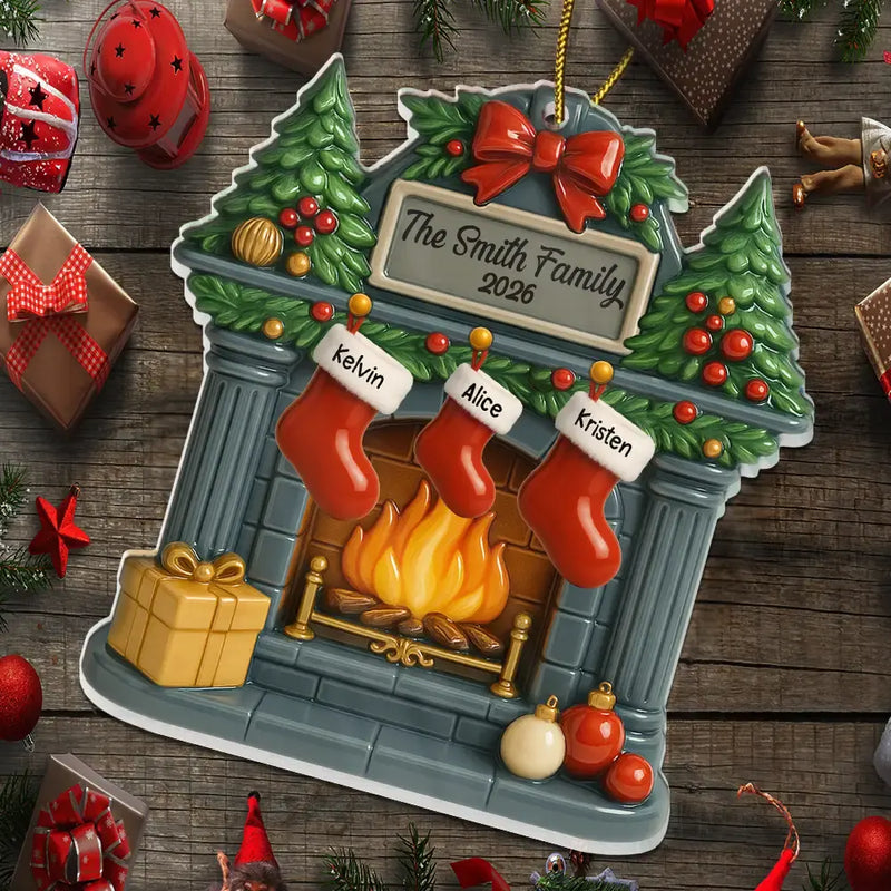 Christmas Fireplace Family Stockings Ceramic Effect - Personalized Custom Shaped Acrylic Ornament