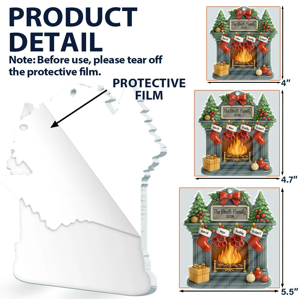 Christmas Fireplace Family Stockings Ceramic Effect - Personalized Custom Shaped Acrylic Ornament