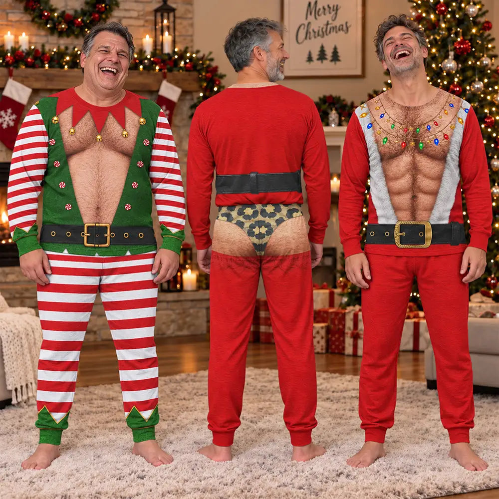 Christmas Funny Hairy Chest Santa Elf - Personalized Unisex Pajamas Set