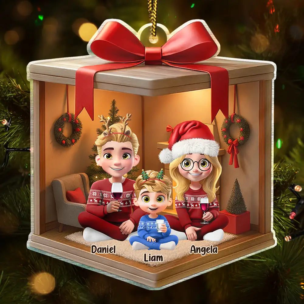 Family,Gift For Women,Gift For Men,Christmas,Top Market,Happy - Christmas Gift Box 3D Effect Family - Personalized Custom Shaped Acrylic Ornament