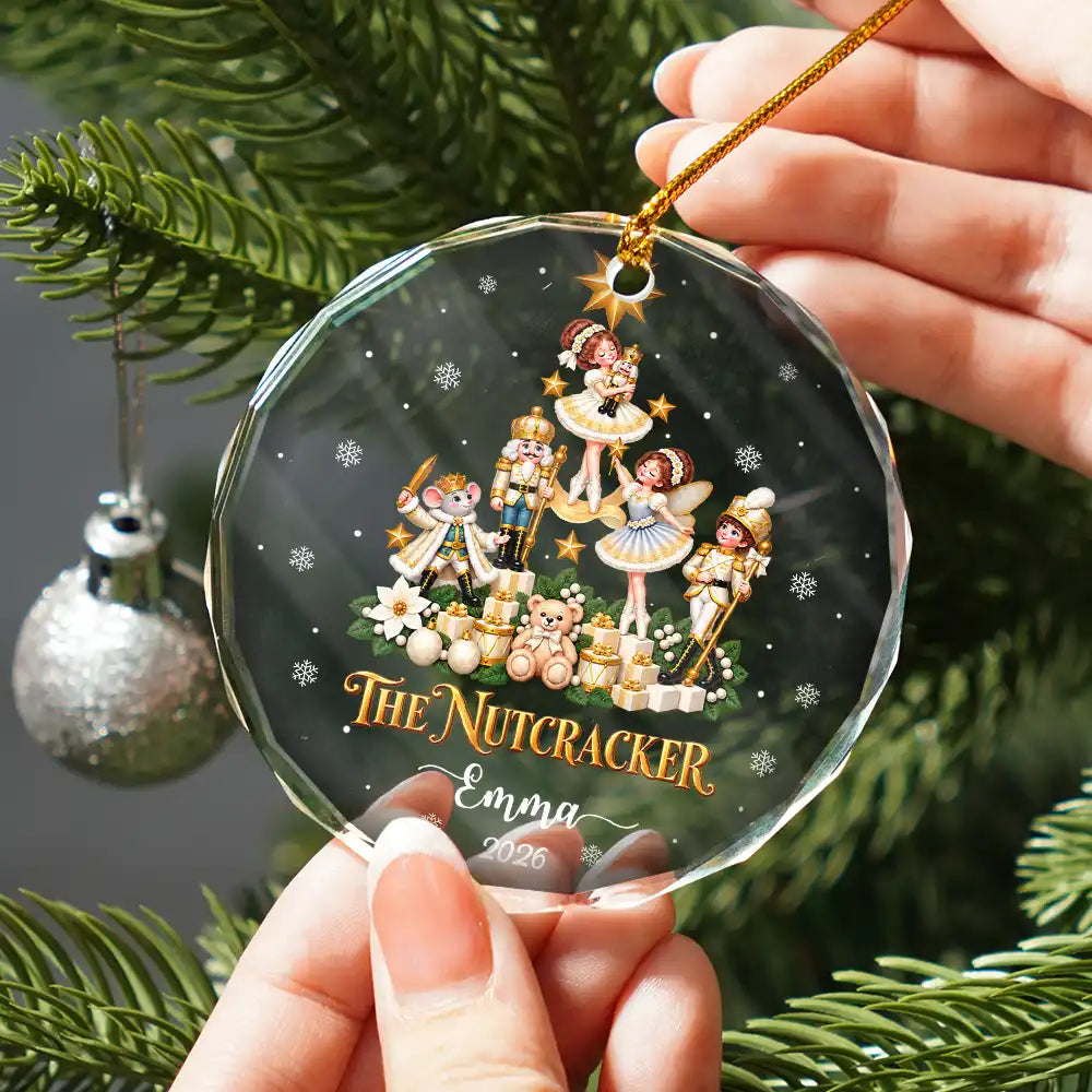 Christmas,Custom Text,Gift For Children,Gift For Daughter,Gifts For Her,Sentimental - Christmas Gift For Ballerina Girls - Personalized Name & Year Nutcracker Character Christmas Tree Circle Glass Ornament