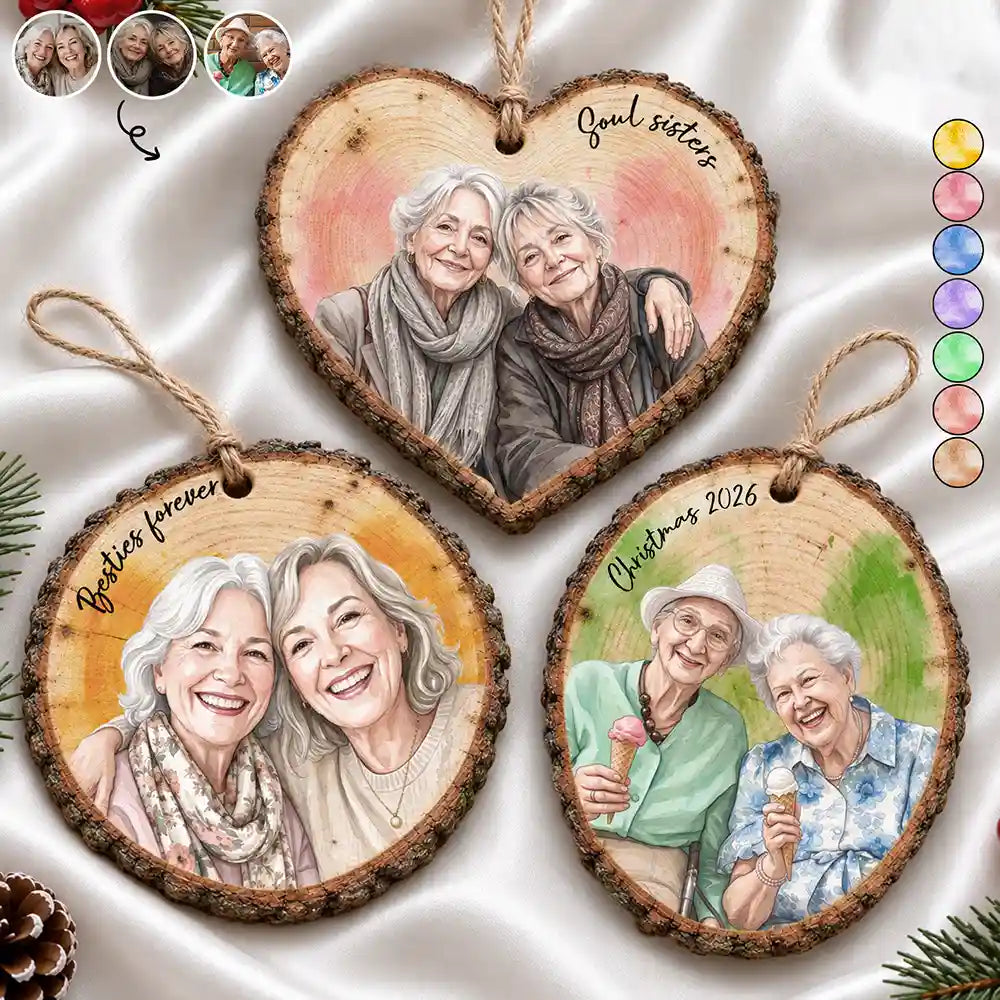Afro Besties,Art Design,Christmas,Custom Photo,Gift For Bestie,Happy,Photo - Vivid Watercolor Art,Top Market - Christmas Gift For Best Friend - Personalized Custom Photo Watercolor Besties Forever Wooden Ornament